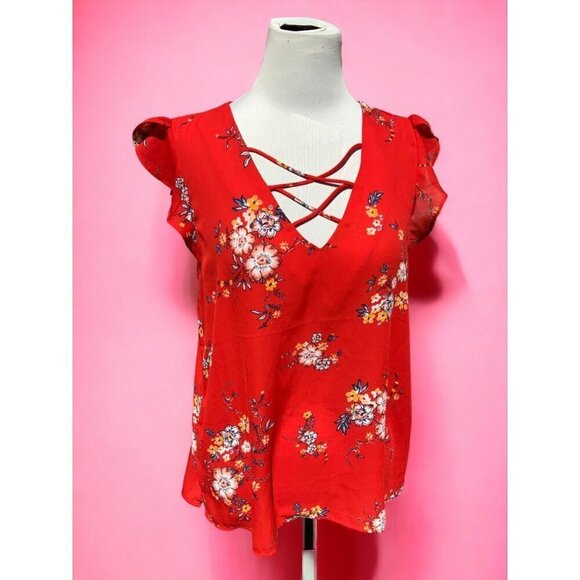 Crescent & Willough red vneck short cap sleeve lightweight floral blouse NEW XL - Picture 7 of 7